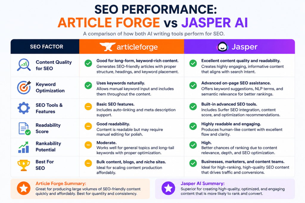 SEO Performance - Article Forge vs Jasper AI for SEO