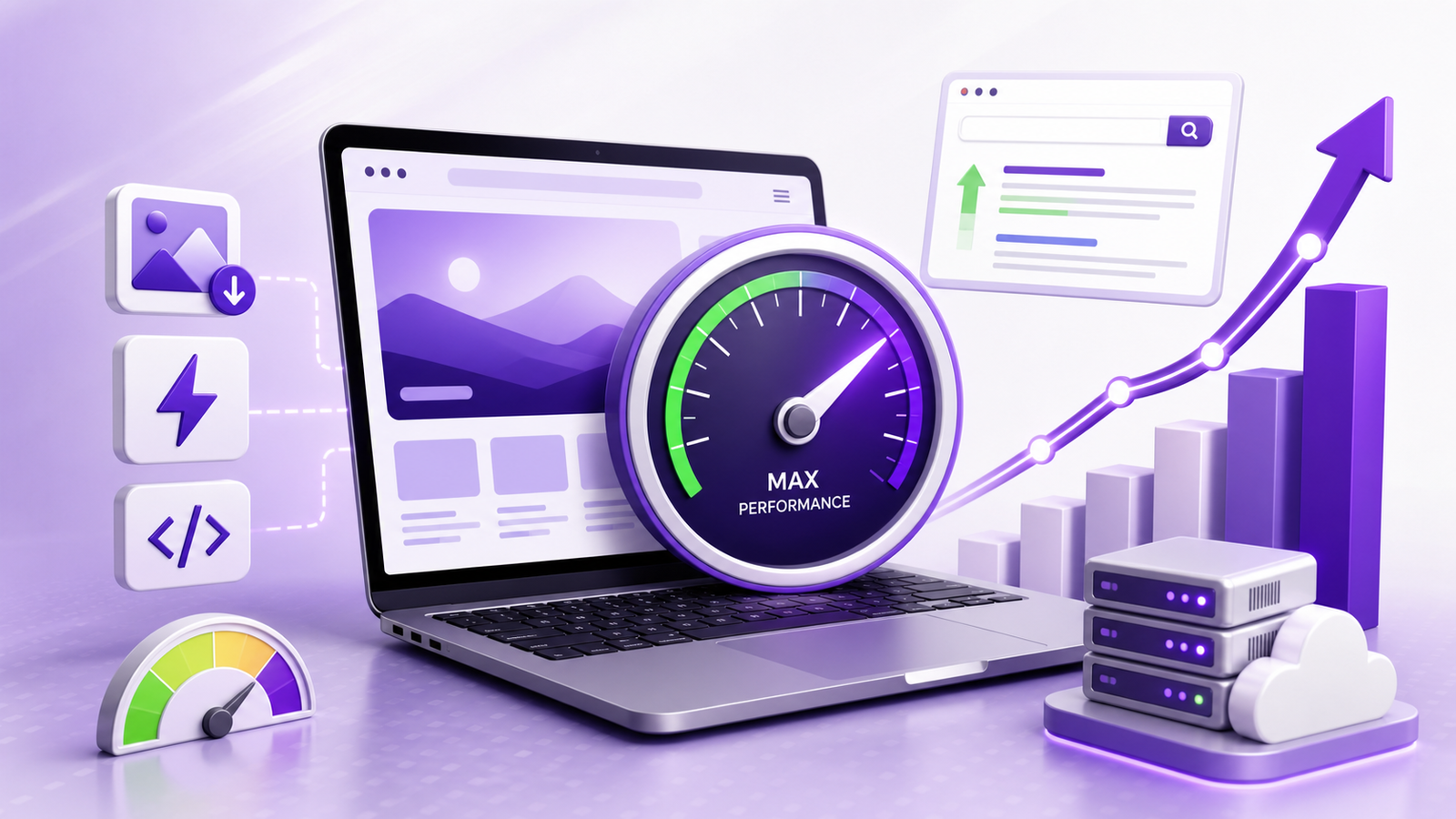 Website speedometer and SEO ranking graph illustrating page speed optimization for search performance