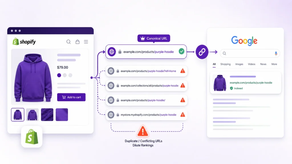 Shopify canonical URL problems showing conflicting page URLs and the correct canonical URL for Google search