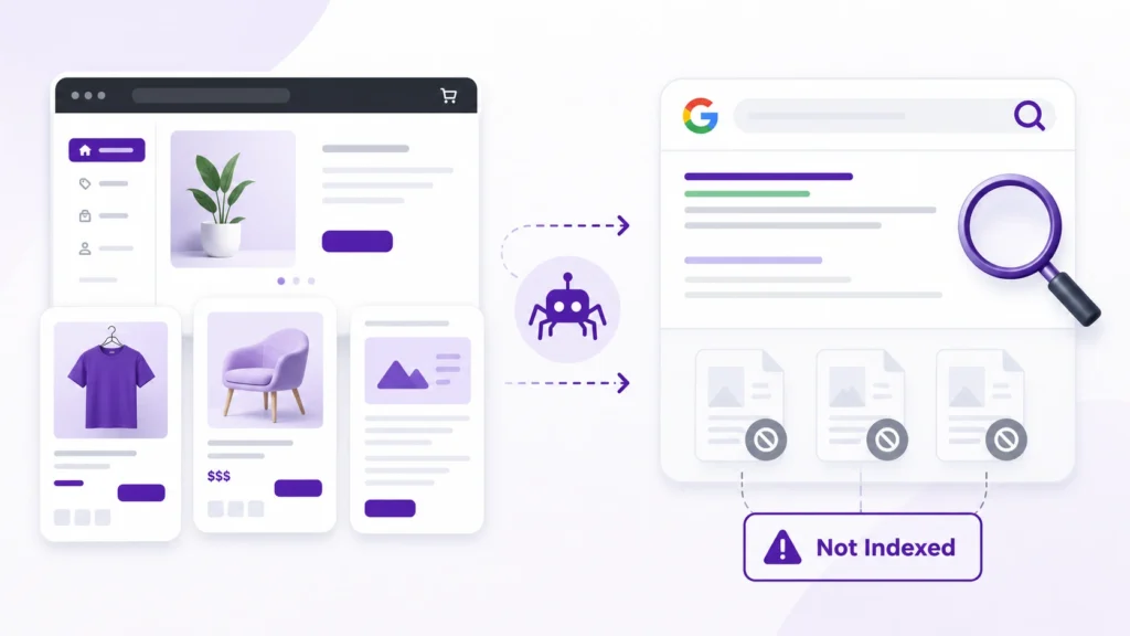 Shopify pages not indexed by Google with a technical SEO illustration