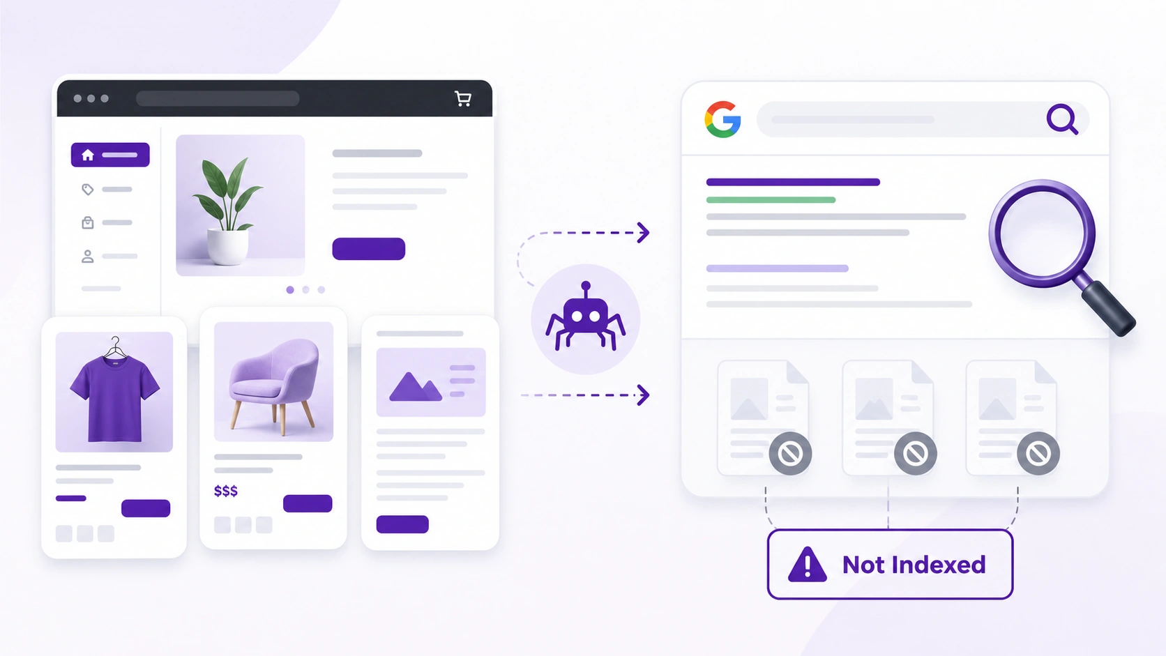 Shopify pages not indexed by Google with a technical SEO illustration