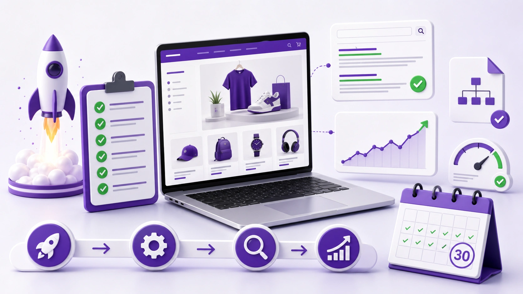 Shopify SEO checklist showing key optimization steps from store launch through the first 30 days
