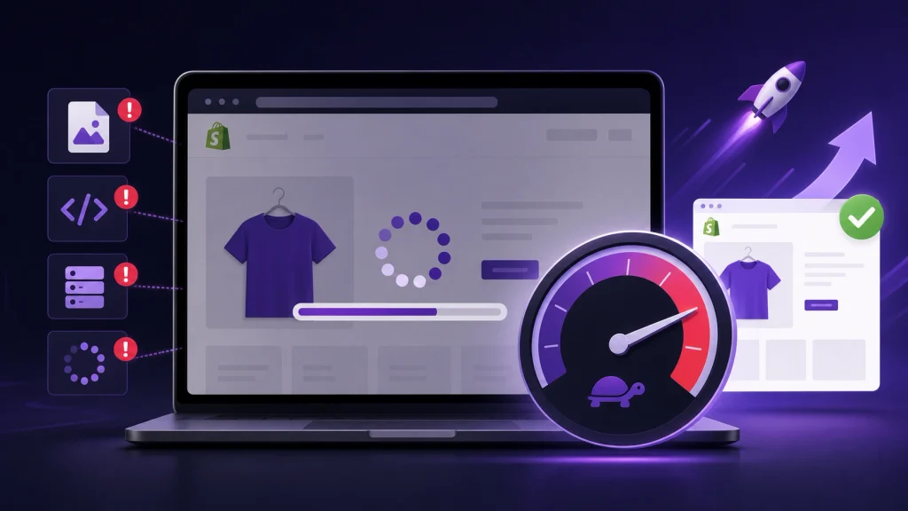 Illustration of a slow Shopify store with speed and performance warning indicators