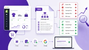 Shopify sitemap SEO illustration showing common sitemap problems and fixes
