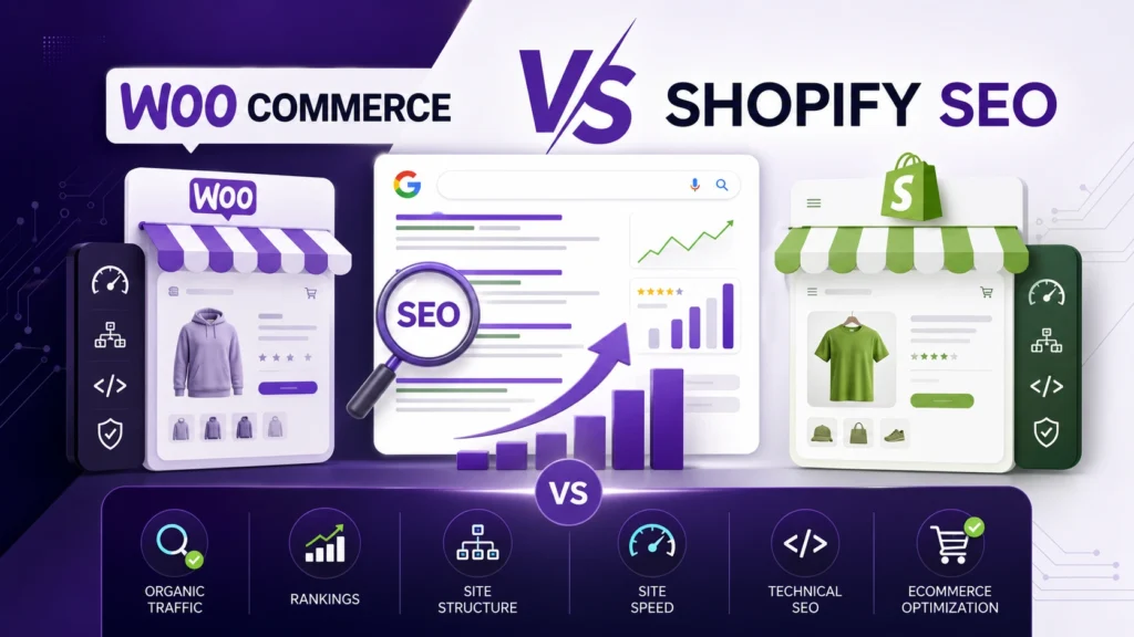 WooCommerce vs Shopify SEO comparison showing ecommerce platforms and search optimization factors